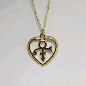 Prince Symbol Heart Pendant, Goldtone Necklace, Love Symbol Charm Purple Rain